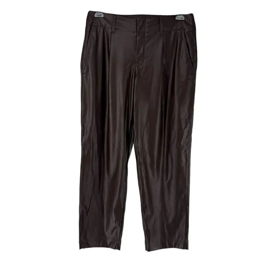 Chocolate Brown Faux Leather Pants Straight Leg Pleated High Rise 12 A New Day